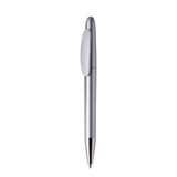A silver metal pen with a sleek design, featuring a clip and a shiny tip. It has a branding logo. A silver metal pen with a sleek design, featuring a clip and a shiny tip. It has a branding logo.