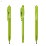 Three transparent green plastic pens displayed from different angles, each with a clip and grip for easy handling. Three transparent green plastic pens displayed from different angles, each with a clip and grip for easy handling.