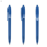 A plastic pen in blue, featuring a clear grip and a clip, displayed from three angles. A plastic pen in blue, featuring a clear grip and a clip, displayed from three angles.