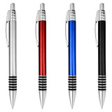 A set of four metal pens in silver, red, blue, and black, each featuring a logo and a textured grip.