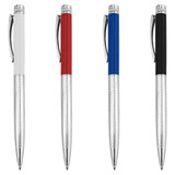 A set of four metal pens in white, red, blue, and black, featuring a textured grip and a silver clip.