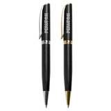 Two metal pens in black, one with a silver clip and the other with a gold clip, featuring branding.
