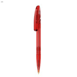A red plastic pen featuring a transparent barrel and a clip at the top. It has a branding logo.