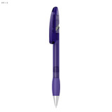 A purple plastic pen with a transparent body and a silver tip, featuring a clip and a branding logo.