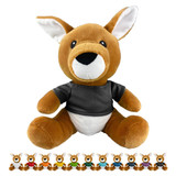 A brown kangaroo plush toy wearing a grey shirt, with a variety of colour options displayed below. A brown kangaroo plush toy wearing a grey shirt, with a variety of colour options displayed below.