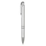 A sleek silver plastic pen with a clip and a shiny tip, featuring a logo on the barrel.