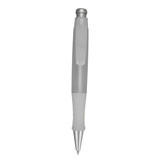 A grey plastic pen with a silver clip and tip, featuring a comfortable grip and a branding logo.