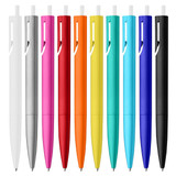 A selection of plastic pens in white, silver, pink, orange, yellow, green, blue, and black, featuring a logo.