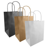 Three medium kraft paper bags in black, gold, and silver, featuring sturdy handles and a sleek design. Three medium kraft paper bags in black, gold, and silver, featuring sturdy handles and a sleek design.