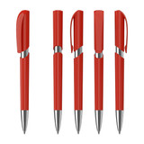 A collection of five red plastic pens with silver accents and clips, featuring different cap designs. A collection of five red plastic pens with silver accents and clips, featuring different cap designs.