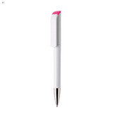 A white plastic pen with a pink clip and chrome accents, featuring a logo. A white plastic pen with a pink clip and chrome accents, featuring a logo.