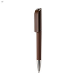 A brown plastic pen with a sleek design and chrome accents, featuring a logo. A brown plastic pen with a sleek design and chrome accents, featuring a logo.