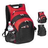 A red and black deluxe computer backpack featuring multiple compartments and a side pocket for a drink bottle. A red and black deluxe computer backpack featuring multiple compartments and a side pocket for a drink bottle.