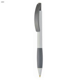 A plastic pen with a grey barrel and a white grip, featuring a logo on the clip. A plastic pen with a grey barrel and a white grip, featuring a logo on the clip.
