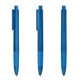 A set of three transparent blue plastic pens with clip and retractable tips, featuring a branding logo. A set of three transparent blue plastic pens with clip and retractable tips, featuring a branding logo.