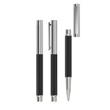 A metal rollerball pen featuring a black carbon body and chrome accents. Includes a removable cap and clip. A metal rollerball pen featuring a black carbon body and chrome accents. Includes a removable cap and clip.