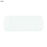 A white security webcam cover with a sleek, minimal design, featuring a branding logo. A white security webcam cover with a sleek, minimal design, featuring a branding logo.