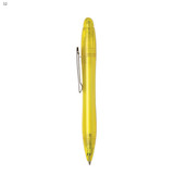A yellow plastic pen with a clip and a smooth barrel design, featuring a transparent body.