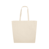 A beige calico tote bag with two handles and no visible branding.