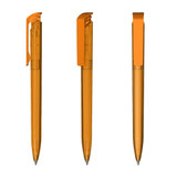 A transparent high gloss plastic pen in vibrant orange, showcasing three different angles. It features a simple clip design.
