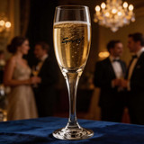 A champagne flute with a slender shape, holding sparkling golden liquid, set against a blurred elegant background.