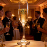 A Montio champagne flute, 185ml, made of clear glass, filled with sparkling champagne, set on a table at a festive event.