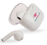 White Twista Earbuds with a charging case, featuring a logo on the case and one earbud displayed outside. White Twista Earbuds with a charging case, featuring a logo on the case and one earbud displayed outside.