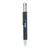 A four-colour eco-friendly pen in black and white, with a logo on the barrel.