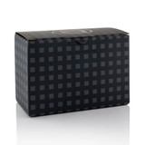 A boxed product in a black checkered design, featuring a logo on the top.