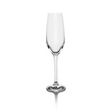A clear glass champagne flute with a slender shape and a smooth, polished finish. It has a circular base and a tall stem.