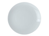 A round, white cashmere bone china coupe entree plate with a smooth finish and subtle shine.