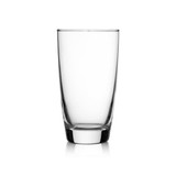 A clear glass tumbler with a slightly tapered design and a thick base. Includes a logo on the surface.