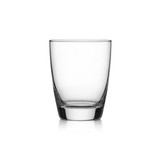 A clear glass tumbler with a tapered design, suitable for serving whisky. It features a transparent finish and has a sturdy base.