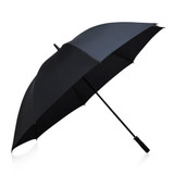 A black umbrella with a sleek design and a sturdy handle, featuring a logo on the handle.