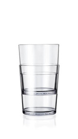 A stack of clear plastic tumblers with a sleek design, featuring a smooth finish and a subtle logo.