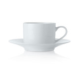 A white straight cup and saucer set, featuring a simple design, made from ceramic material.