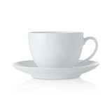 A white cup with a smooth finish, accompanied by a matching saucer, both made of ceramic.