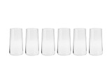 A set of six clear glass highball tumblers in a sleek design, suitable for various beverages.
