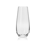 A clear glass stemless flute, designed with a smooth, sleek shape, suitable for elegant serving.