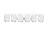 Six clear glass stemless wine glasses in an elegant shape, showcased together in a row.