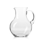 A glass jug with a curved shape and a handle, featuring a clear finish. It includes a logo.