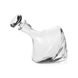 A drink bottle in clear glass with a sleek, modern design and a round stopper. It includes a logo.