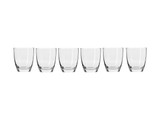 Six clear glass tumblers arranged in a row, featuring a sleek design and a subtle base, ideal for gifting.