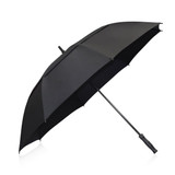 A black umbrella with a sturdy handle and a sleek design, featuring a logo on the shaft.