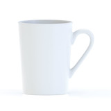 A tall white bone china mug with a handle, featuring a smooth cylindrical design. It has a logo on its surface.
