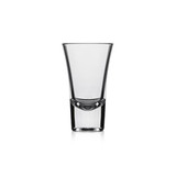 A clear glass shot glass with a tapered design, featuring a logo on the side.