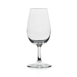 A wine glass in clear glass with a stem, designed for serving wine.