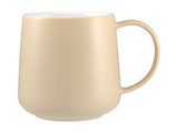 A beige coffee mug with a smooth finish and a comfortable handle, featuring a simple design.