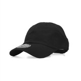 A black cap featuring an embroidered logo on the front. The cap has a curved brim and adjustable strap at the back.