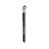 A metal tyre gauge featuring a chrome finish and an angled nozzle, with branding along the side. A metal tyre gauge featuring a chrome finish and an angled nozzle, with branding along the side.